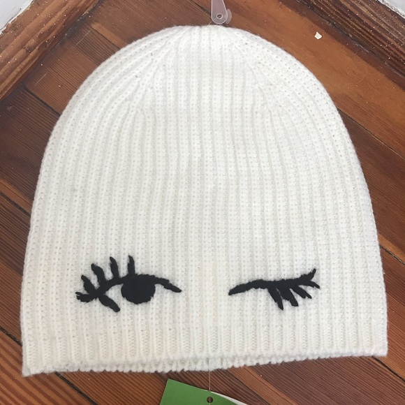 Kate Spade White Winking Wool Blend Knit Beanie - Picture 2 of 5